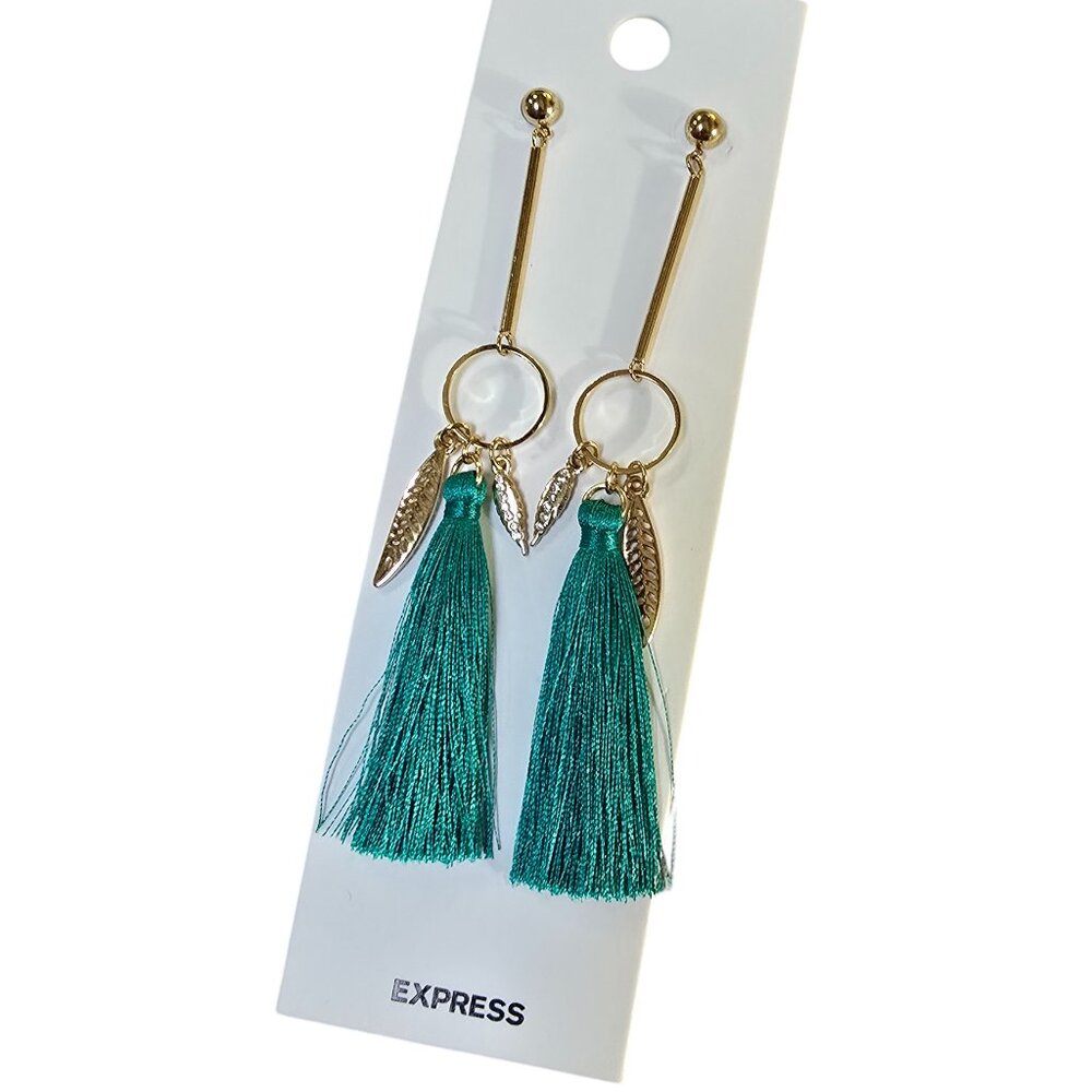 Express Women's Trendy Gold Plated Long Green Tassel Leaf Charm Earrings NWT